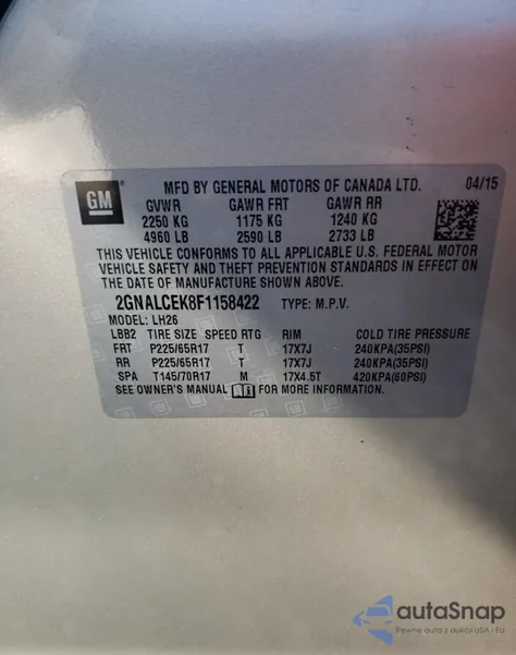 2015 Chevrolet Equinox Lt из США, поврежденный, VIN 2GNALCEK8F1158422